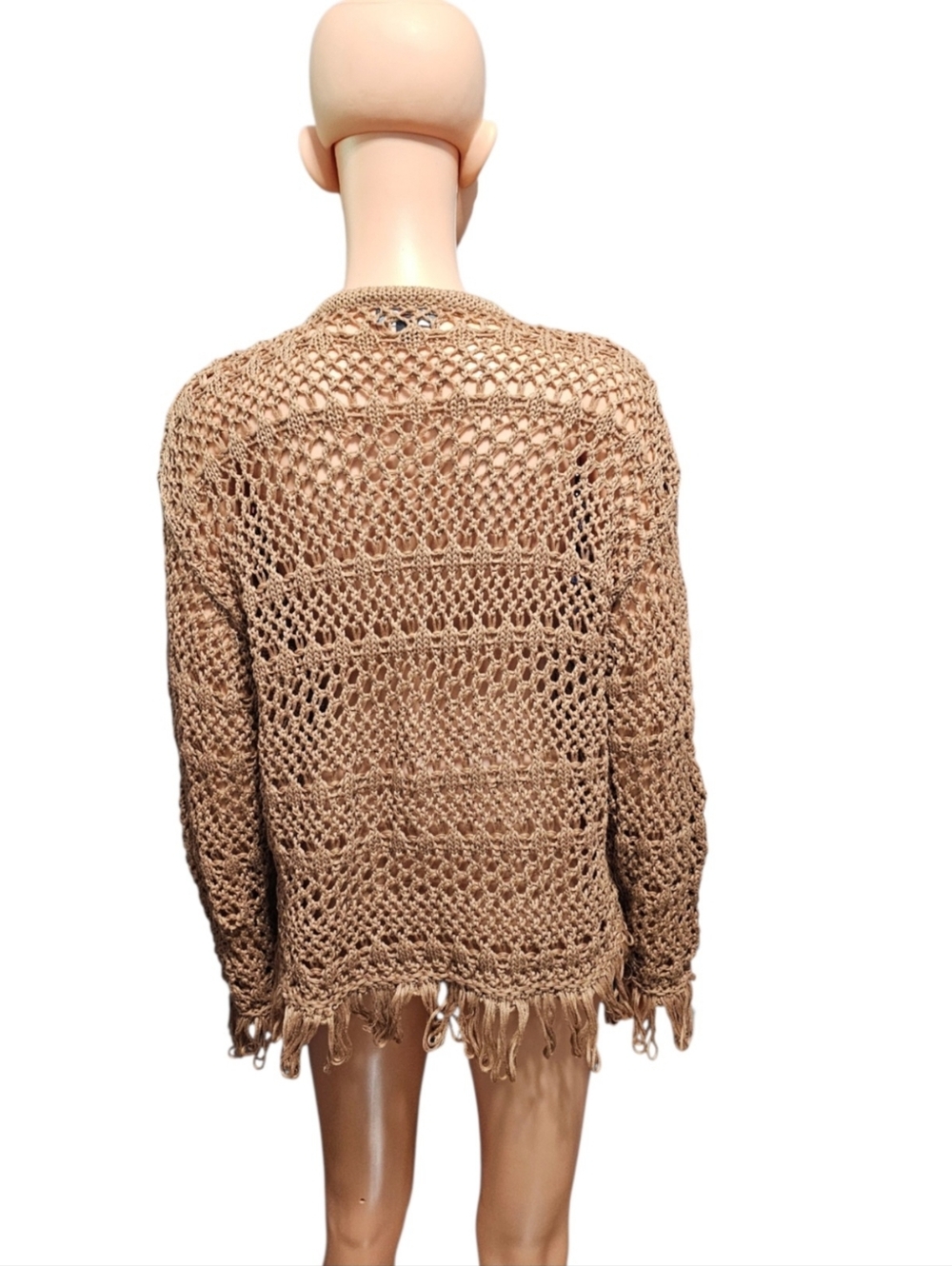 Gigio USA Open-Knit Fringe Crochet Boho Festival Tan Sweater Sz S (Oversized) - Picture 5 of 5
